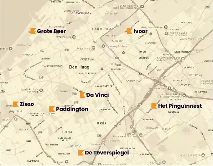 Kaart met locaties van ouder-kind ochtenden Den Haag