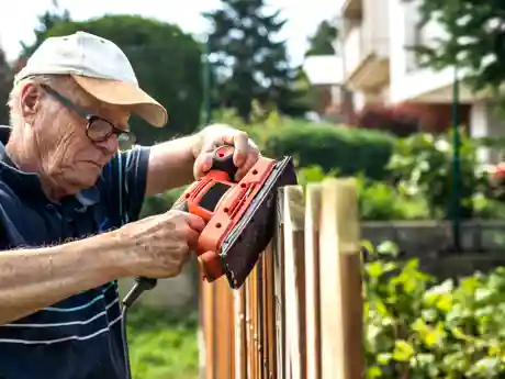 DemenTalent Een oude man schuurt een schutting als onderdeel van DemenTalent van gro-up buurtwerk