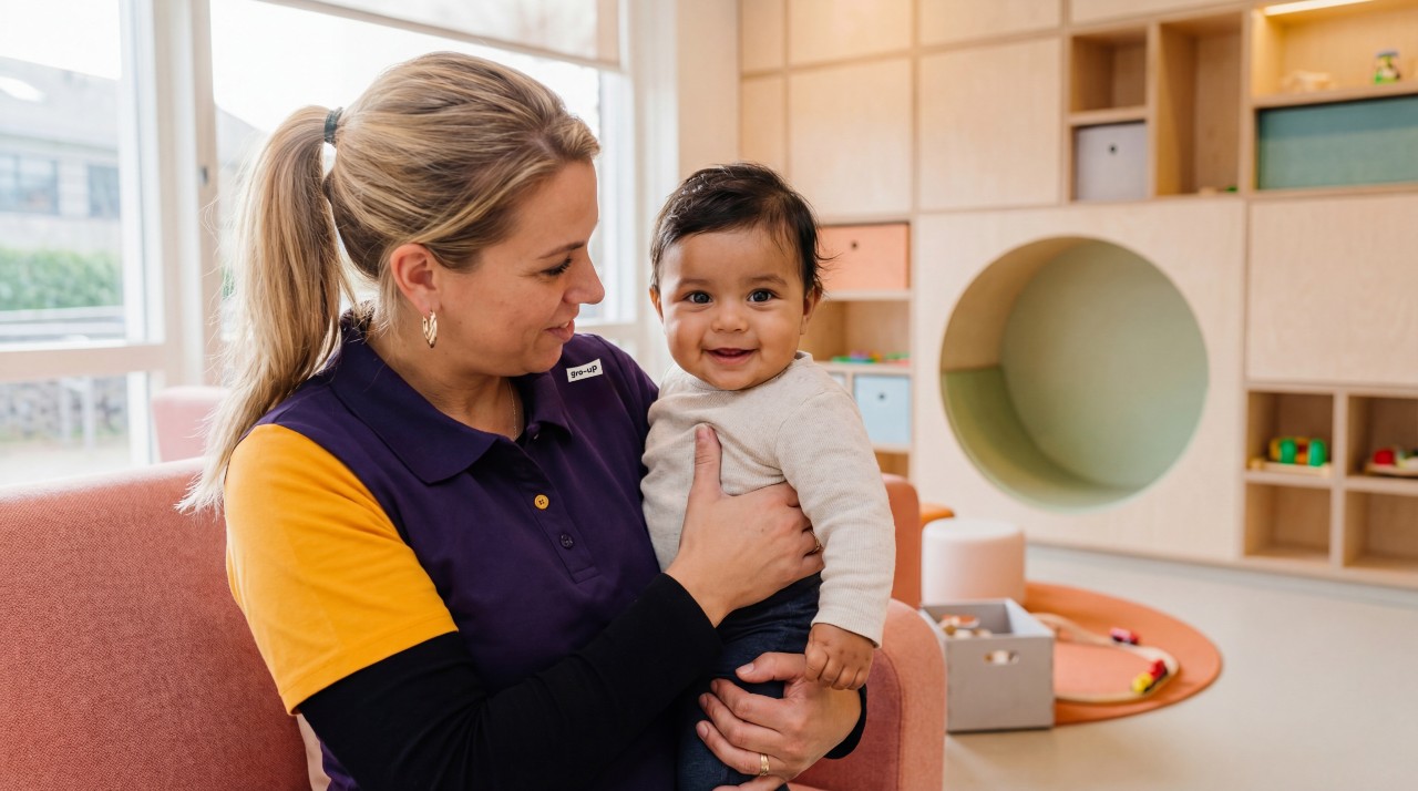 Baby wordt vastgehouden door pedagogisch professional op kinderdagverblijf van gro-up
