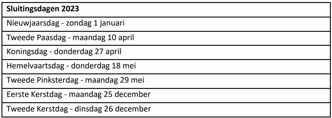 Sluitingsdagen 2023