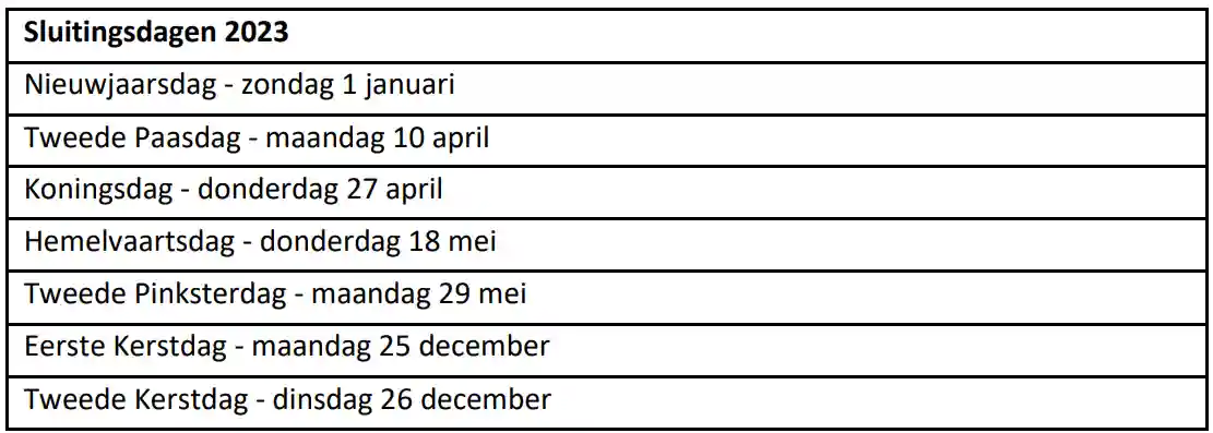 Sluitingsdagen 2023 Sluitingsdagen 2023