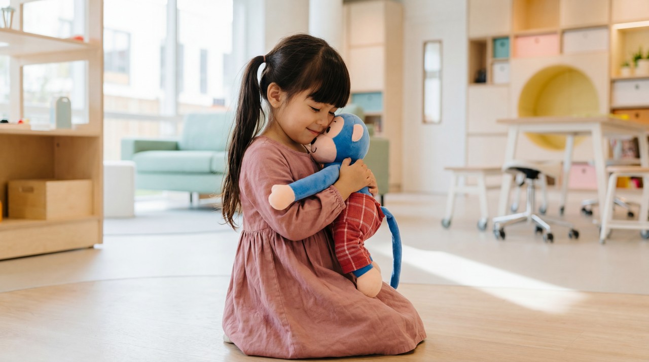 Een meisje knuffelt met een knuffelaap op een gro-up kinderdagverblijf in Rotterdam Nesselande