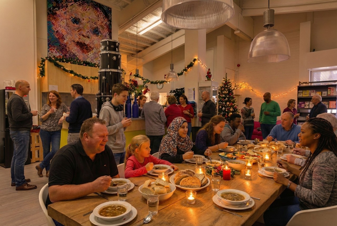 gro-up Volwassenen, kinderen, jongeren: iedereen schoof aan bij de kerstlunch in het Huis van de Wijk het Lage Land